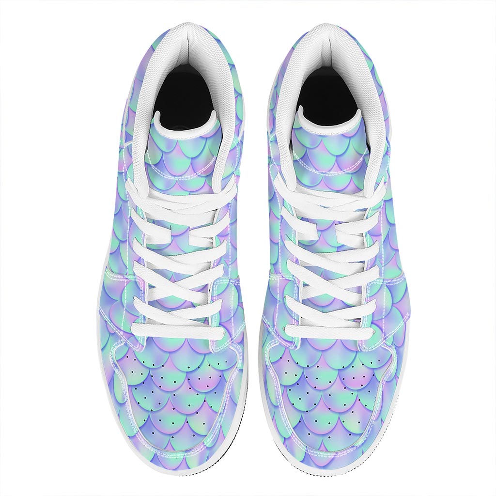Blue Mermaid Scales Pattern Print High Top Leather Sneakers