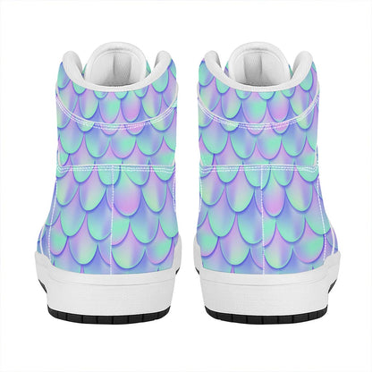 Blue Mermaid Scales Pattern Print High Top Leather Sneakers