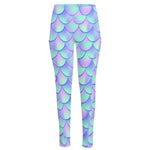 Blue Mermaid Scales Pattern Print High-Waisted Pocket Leggings