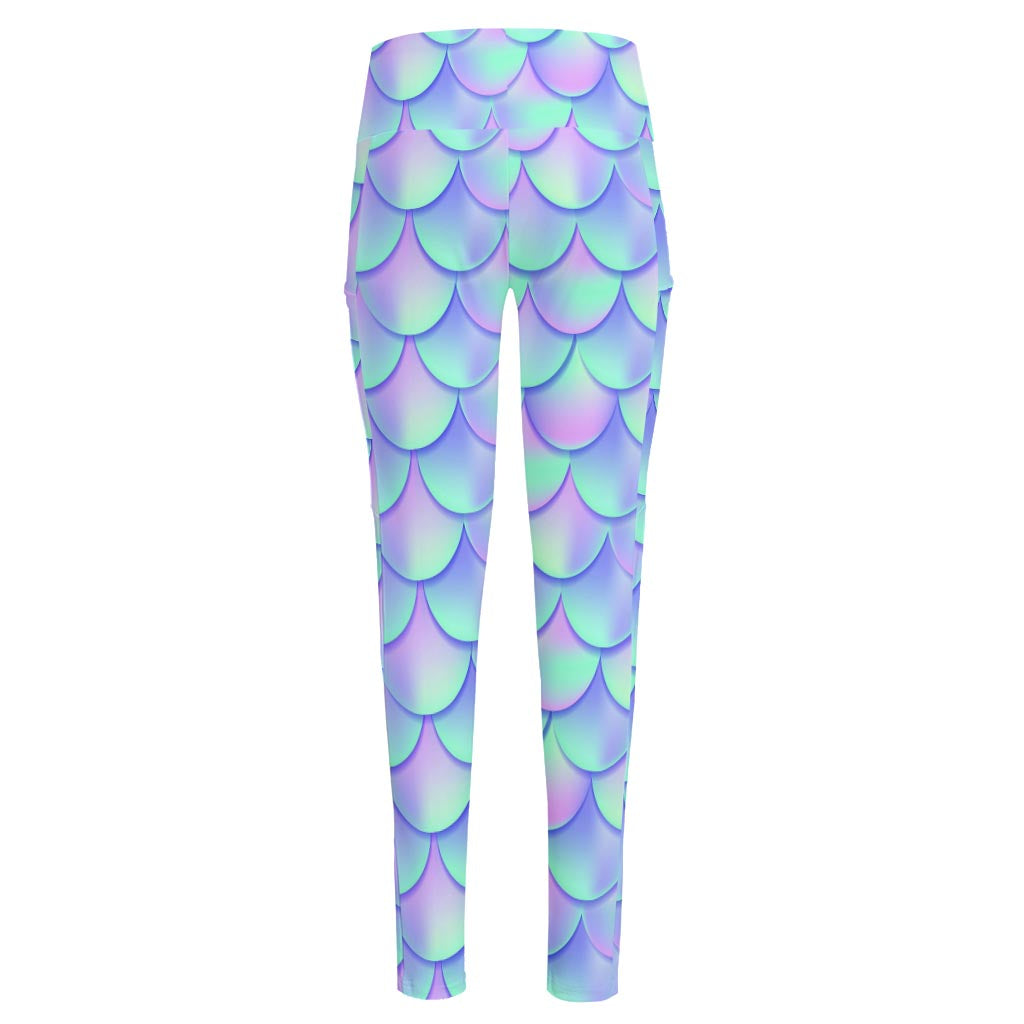 Blue Mermaid Scales Pattern Print High-Waisted Pocket Leggings