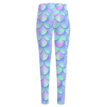 Blue Mermaid Scales Pattern Print High-Waisted Pocket Leggings