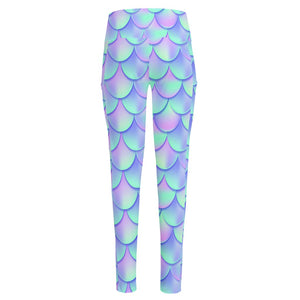 Blue Mermaid Scales Pattern Print High-Waisted Pocket Leggings