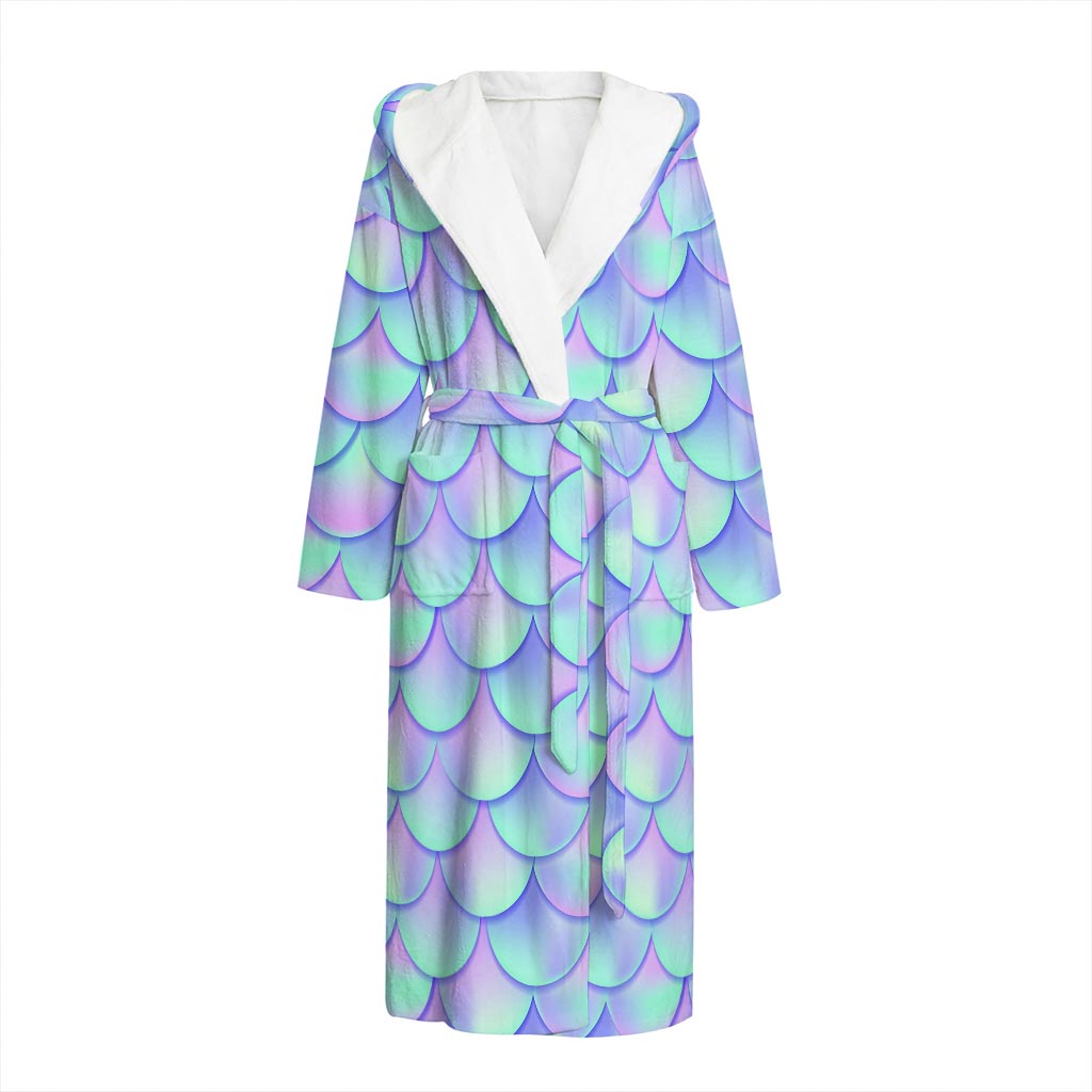 Blue Mermaid Scales Pattern Print Hooded Bathrobe