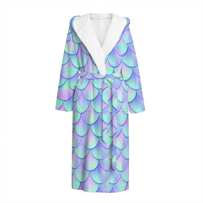 Blue Mermaid Scales Pattern Print Hooded Bathrobe