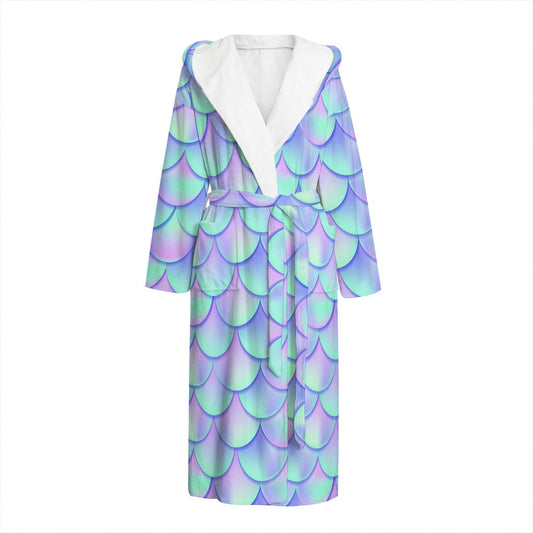 Blue Mermaid Scales Pattern Print Hooded Bathrobe