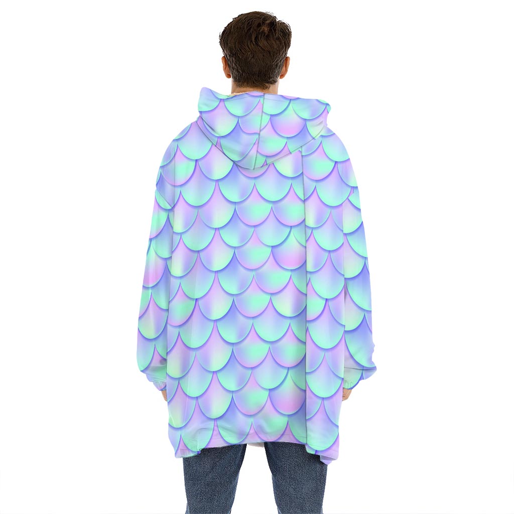 Blue Mermaid Scales Pattern Print Hoodie Blanket
