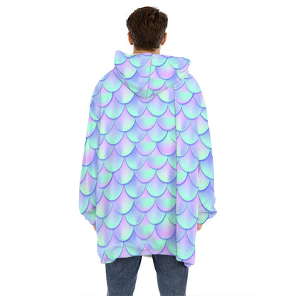 Blue Mermaid Scales Pattern Print Hoodie Blanket