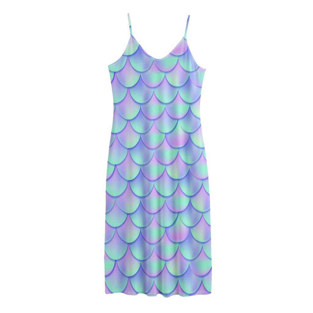 Blue Mermaid Scales Pattern Print Jersey Midi Cami Dress