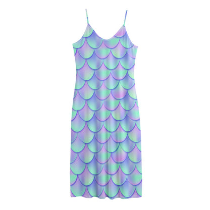 Blue Mermaid Scales Pattern Print Jersey Midi Cami Dress