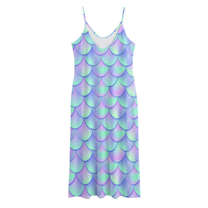 Blue Mermaid Scales Pattern Print Jersey Midi Cami Dress