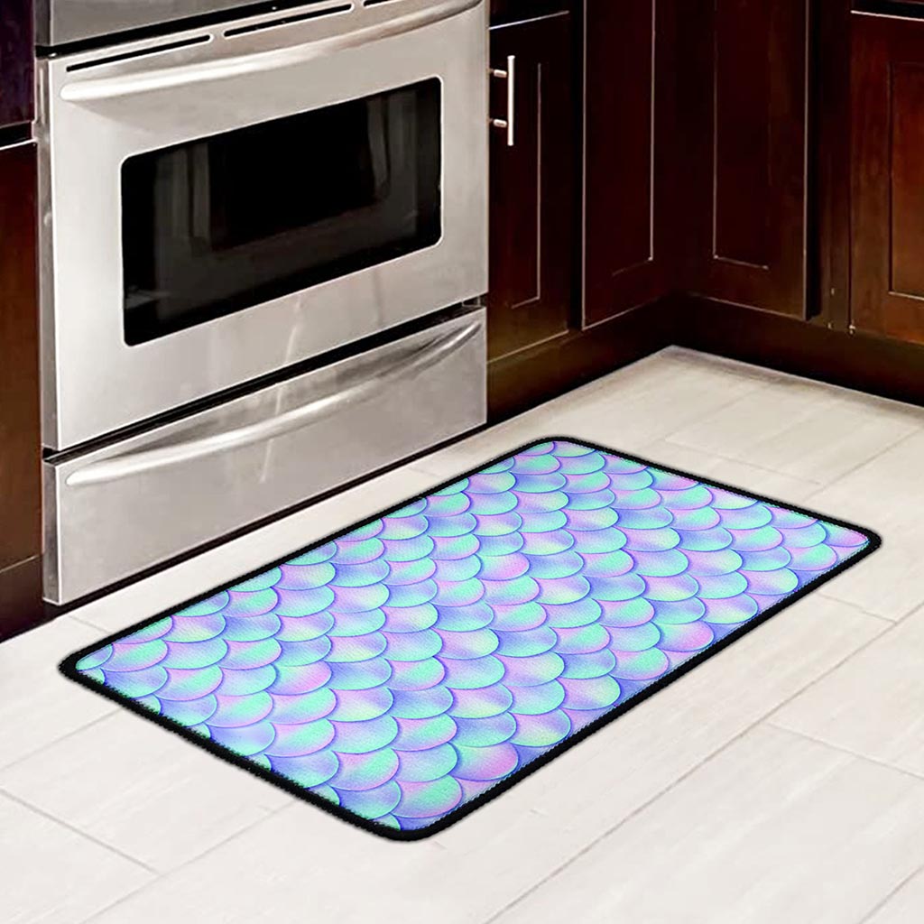 Blue Mermaid Scales Pattern Print Kitchen Mat