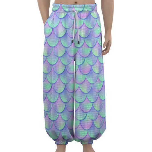 Blue Mermaid Scales Pattern Print Lantern Pants