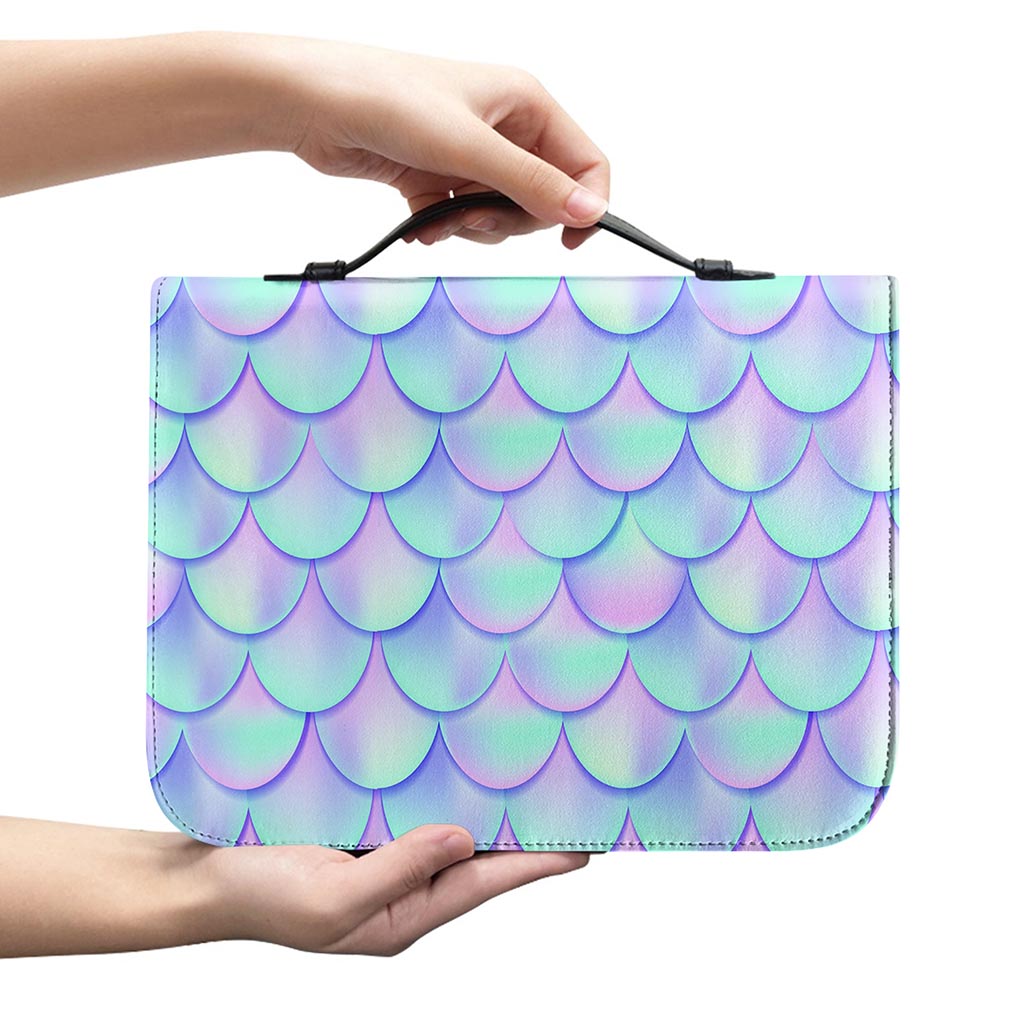 Blue Mermaid Scales Pattern Print Leather Bible Cover
