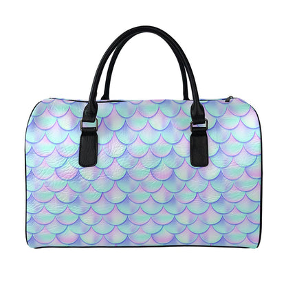 Blue Mermaid Scales Pattern Print Leather Duffle Bag
