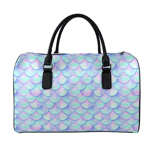 Blue Mermaid Scales Pattern Print Leather Duffle Bag