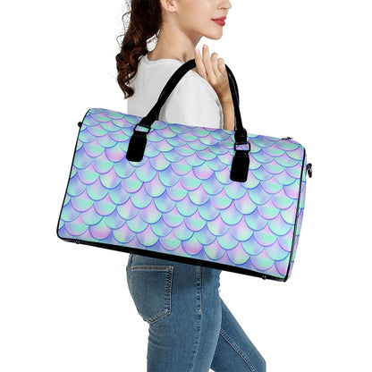 Blue Mermaid Scales Pattern Print Leather Duffle Bag