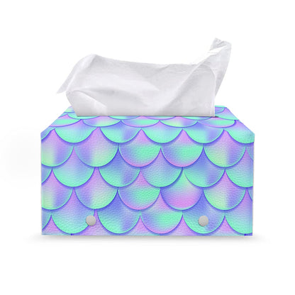 Blue Mermaid Scales Pattern Print Leather Tissue Box Cover