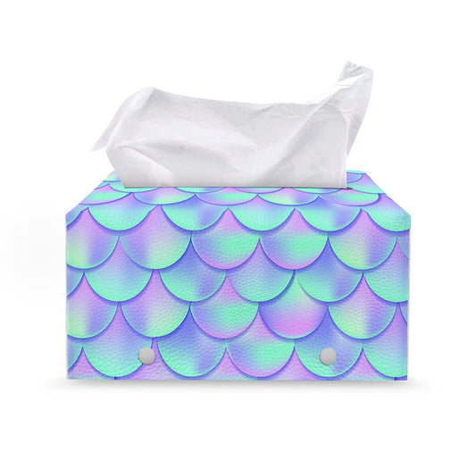 Blue Mermaid Scales Pattern Print Leather Tissue Box Cover