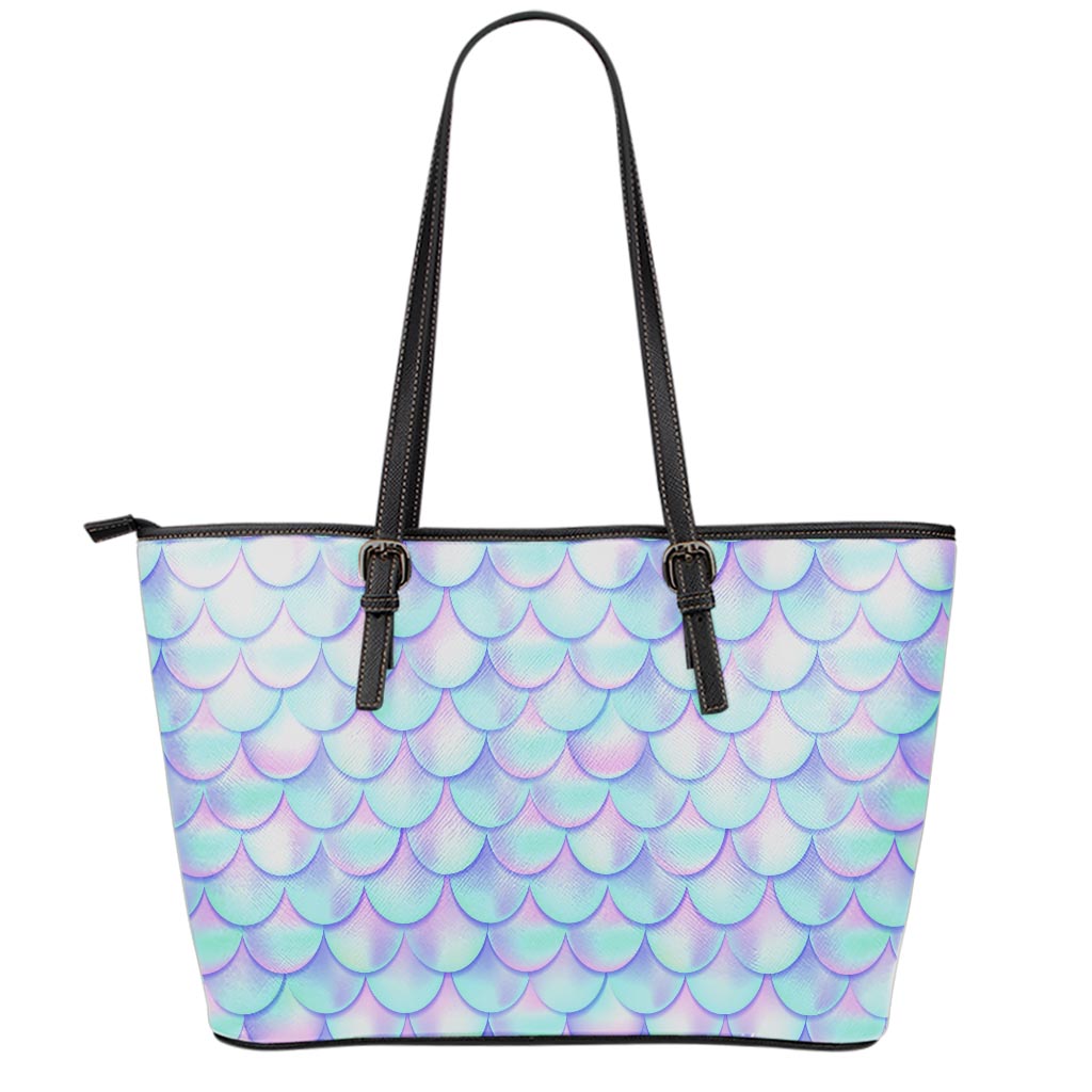 Blue Mermaid Scales Pattern Print Leather Tote Bag