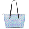 Blue Mermaid Scales Pattern Print Leather Tote Bag With Zipper
