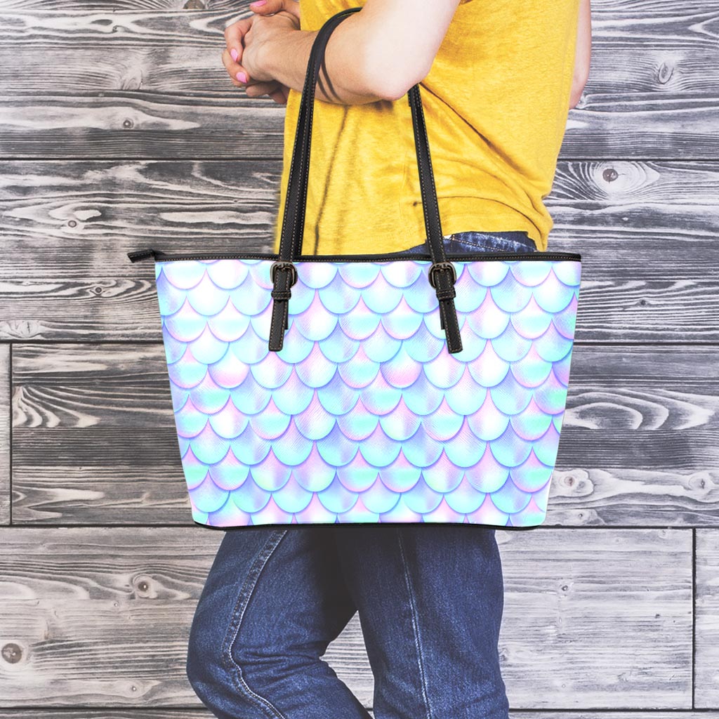 Blue Mermaid Scales Pattern Print Leather Tote Bag