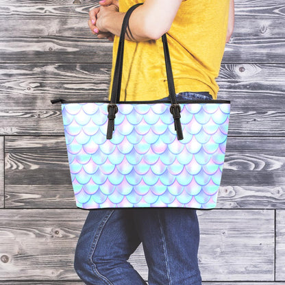 Blue Mermaid Scales Pattern Print Leather Tote Bag