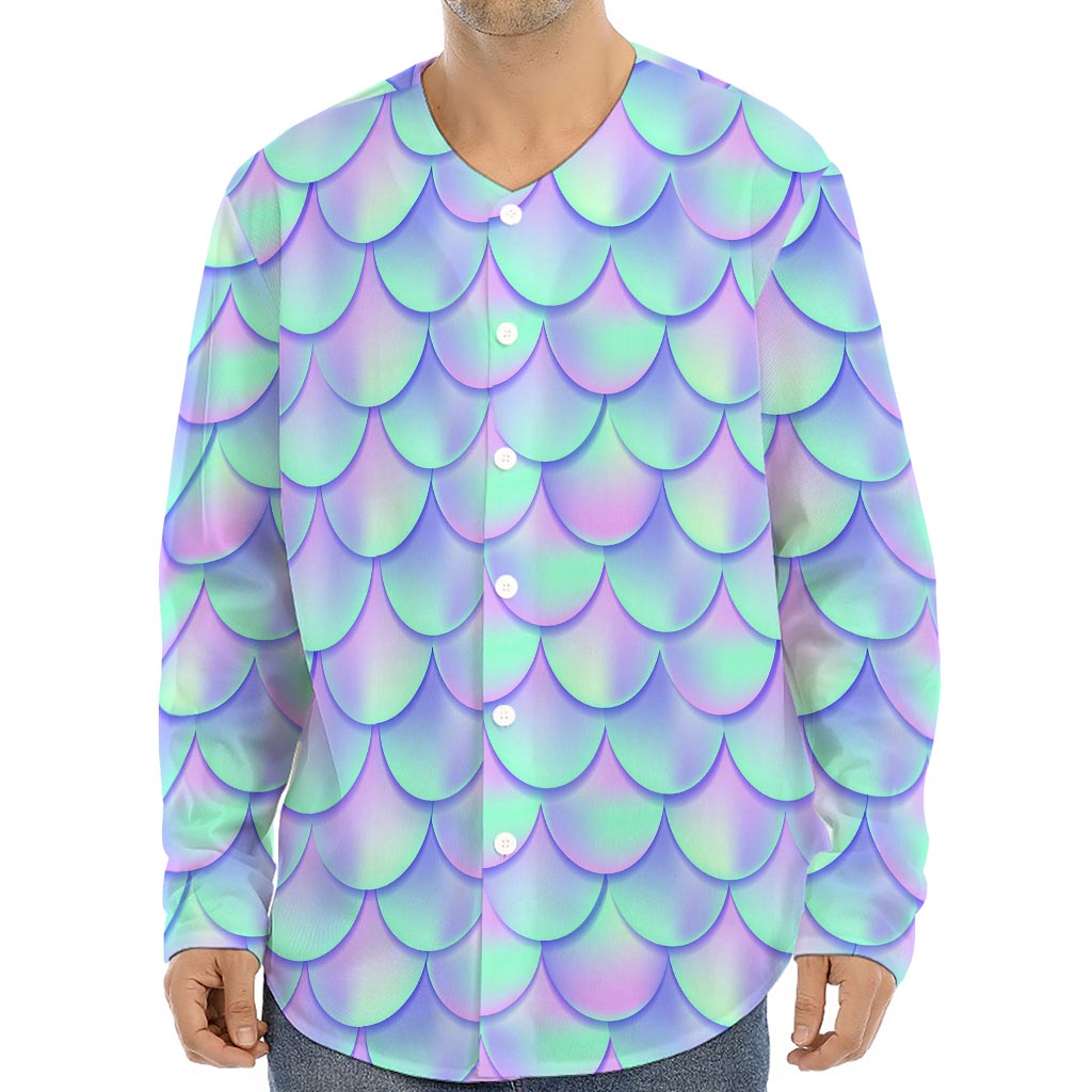 Blue Mermaid Scales Pattern Print Long Sleeve Baseball Jersey