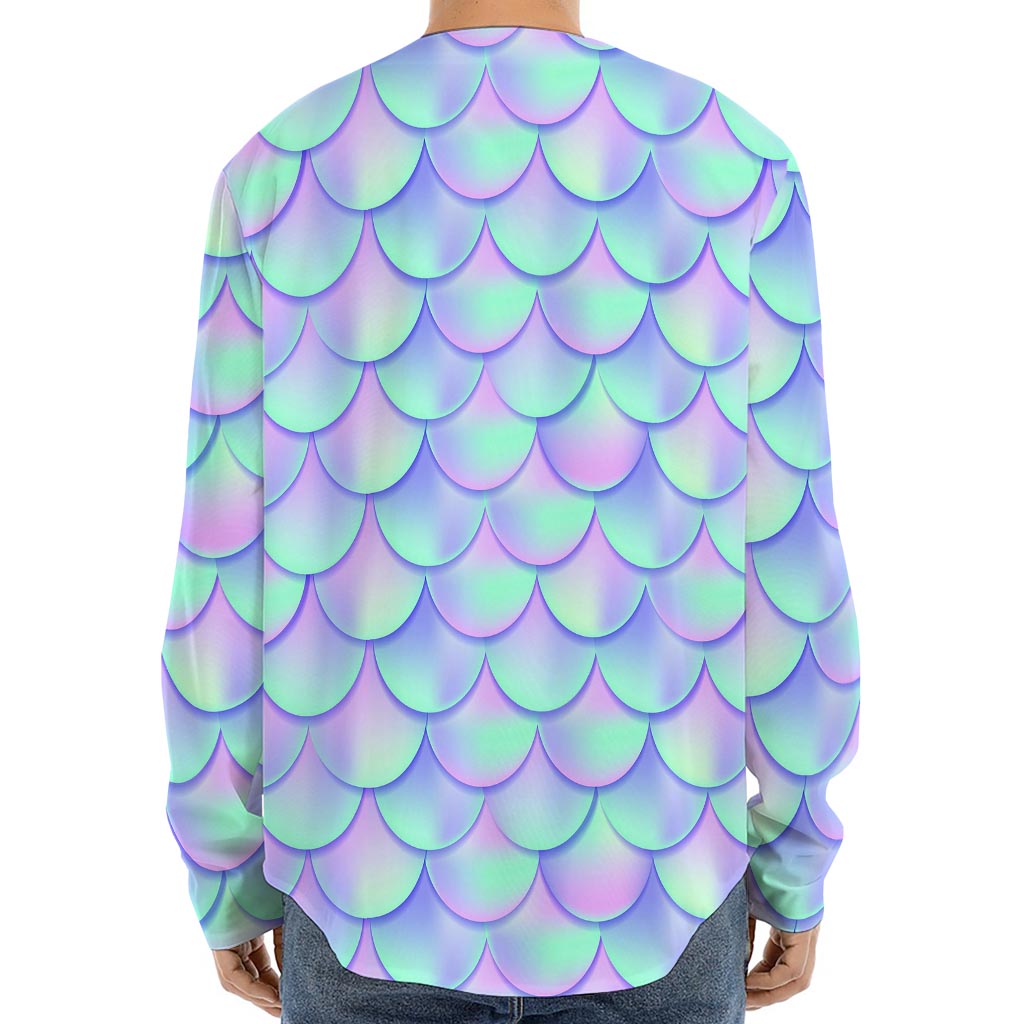 Blue Mermaid Scales Pattern Print Long Sleeve Baseball Jersey