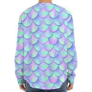 Blue Mermaid Scales Pattern Print Long Sleeve Baseball Jersey