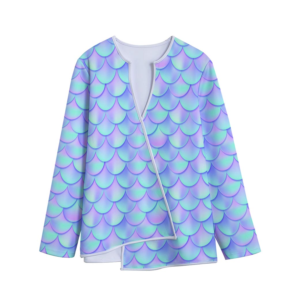 Blue Mermaid Scales Pattern Print Long Sleeve Short Coat