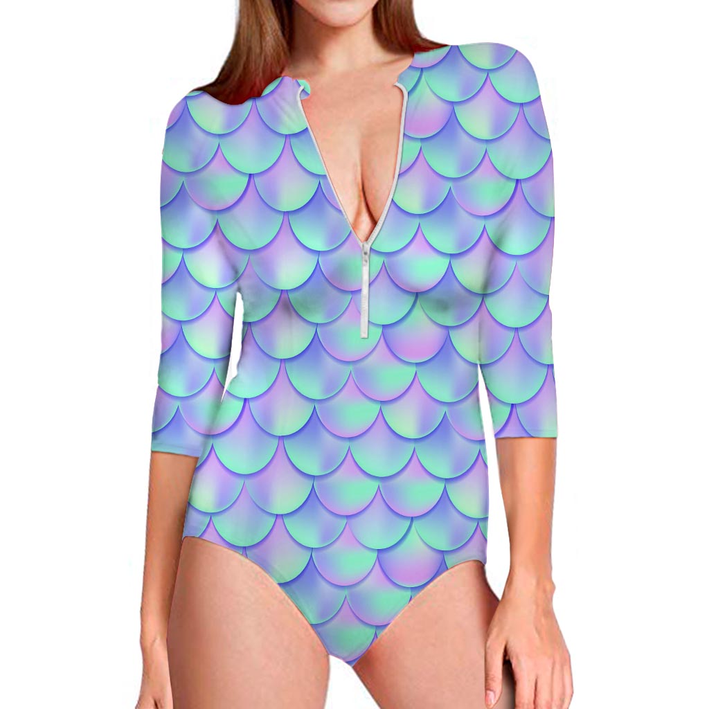 Blue Mermaid Scales Pattern Print Long Sleeve Swimsuit