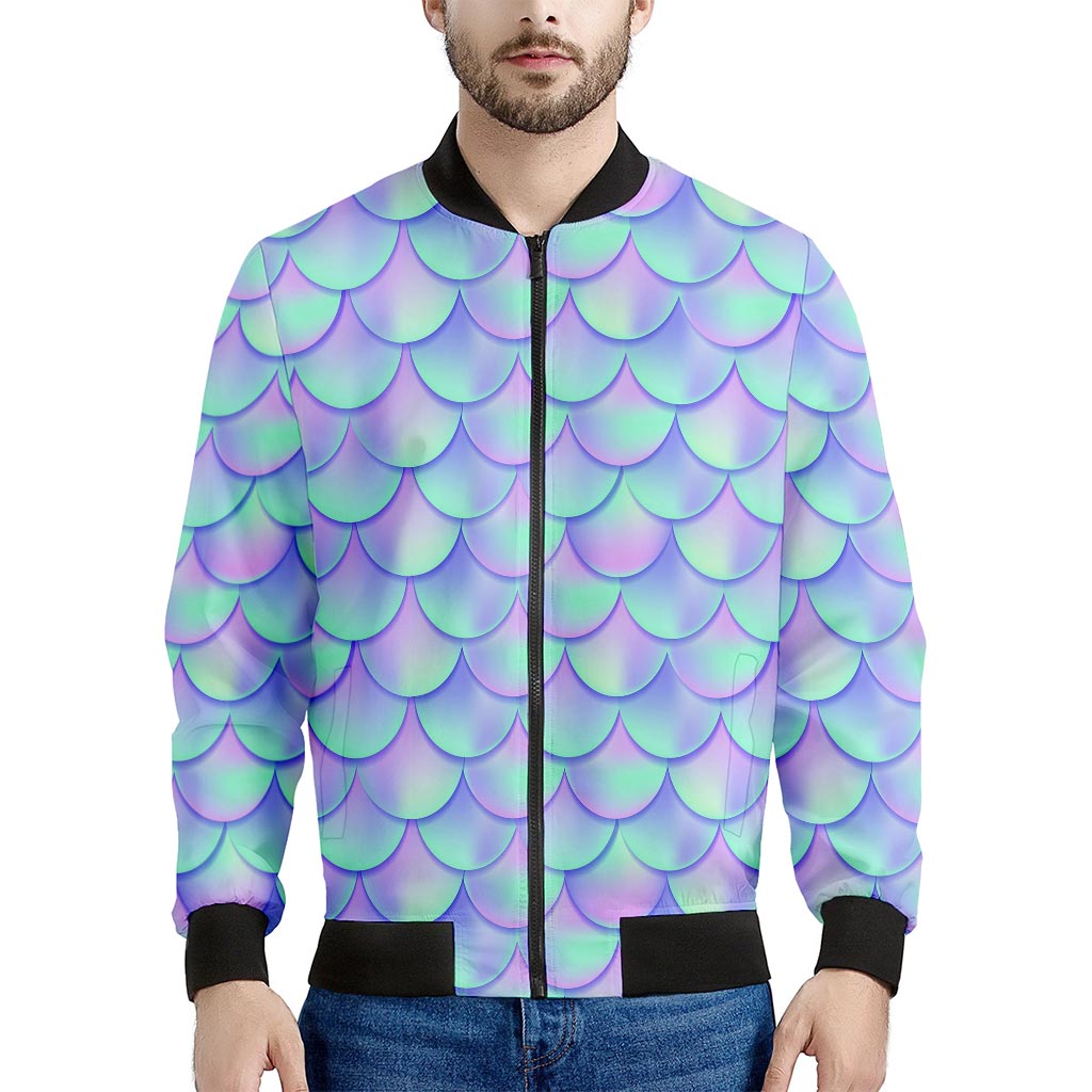 Blue Mermaid Scales Pattern Print Men's Bomber Jacket