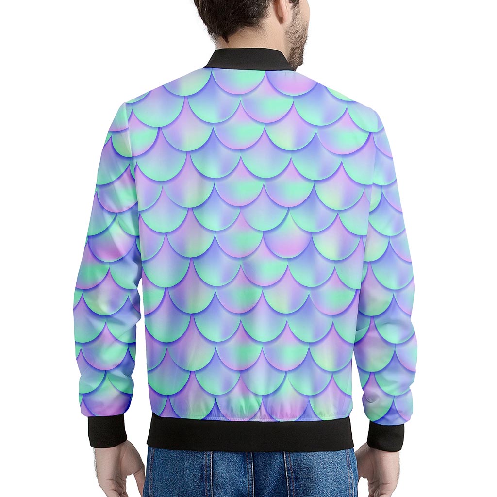 Blue Mermaid Scales Pattern Print Men's Bomber Jacket