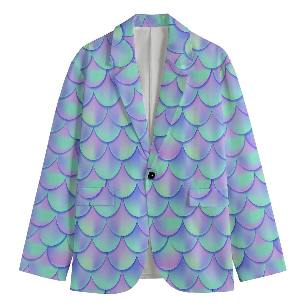 Blue Mermaid Scales Pattern Print Men's Cotton Blazer