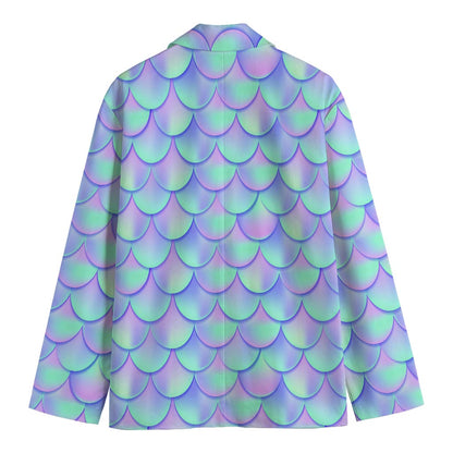 Blue Mermaid Scales Pattern Print Men's Cotton Blazer