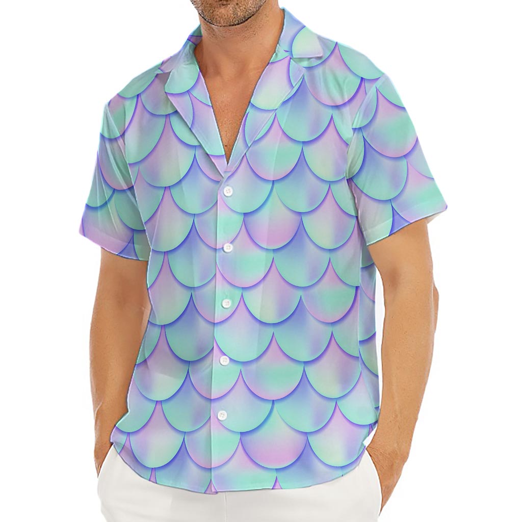 Blue Mermaid Scales Pattern Print Men's Deep V-Neck Shirt