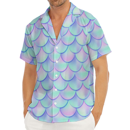 Blue Mermaid Scales Pattern Print Men's Deep V-Neck Shirt