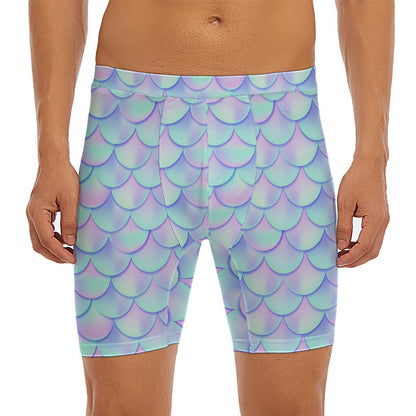 Blue Mermaid Scales Pattern Print Men's Long Boxer Briefs
