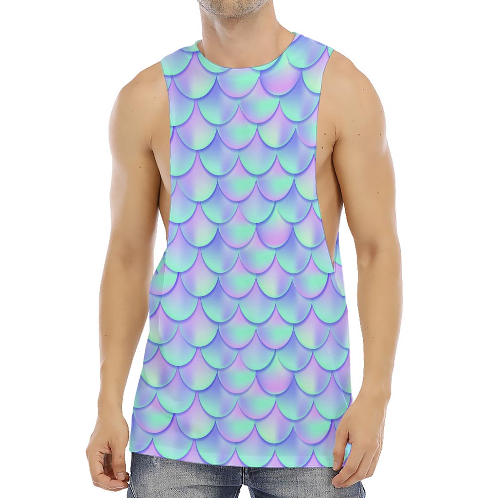 Blue Mermaid Scales Pattern Print Men's Muscle Tank Top