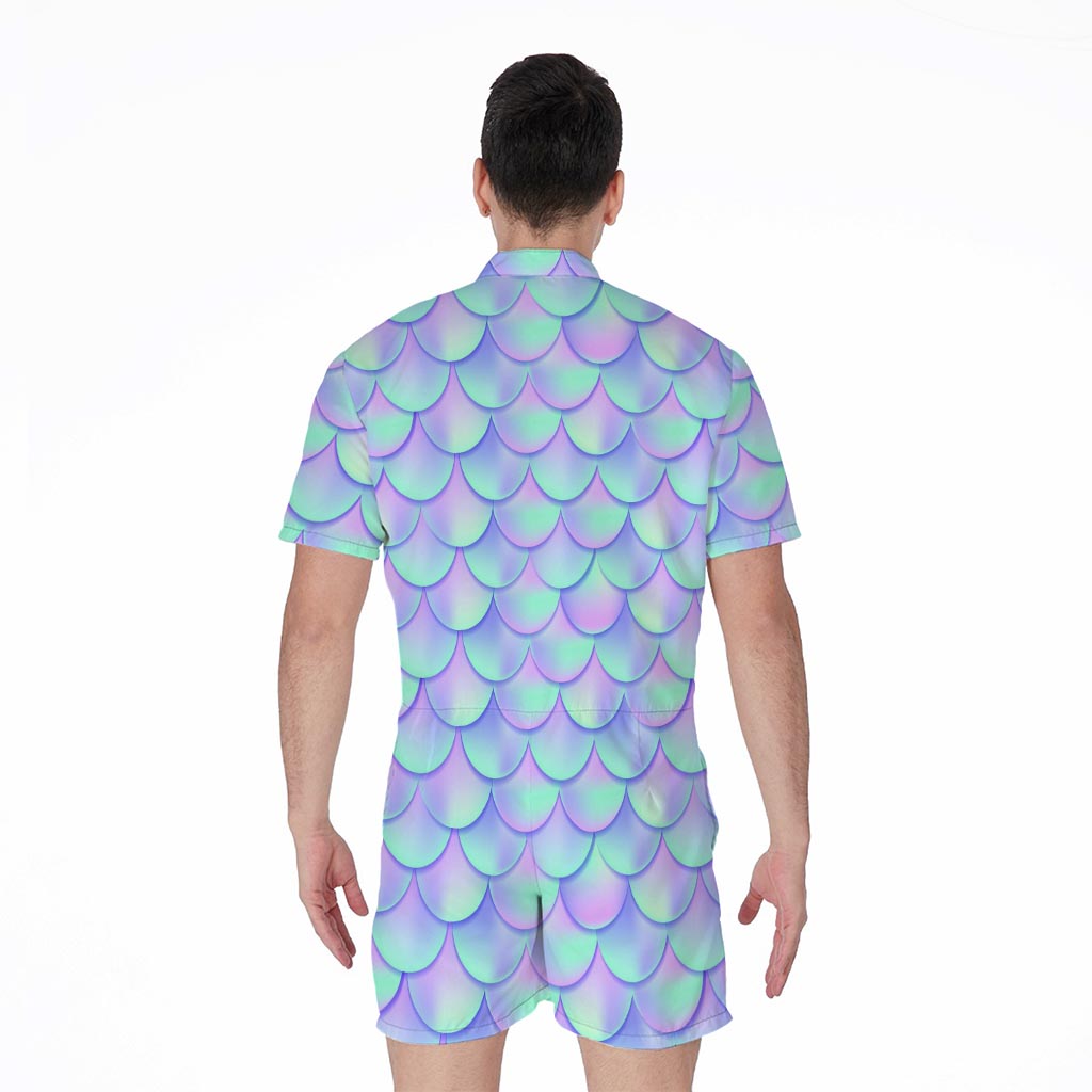 Blue Mermaid Scales Pattern Print Men's Rompers