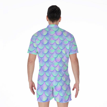Blue Mermaid Scales Pattern Print Men's Rompers