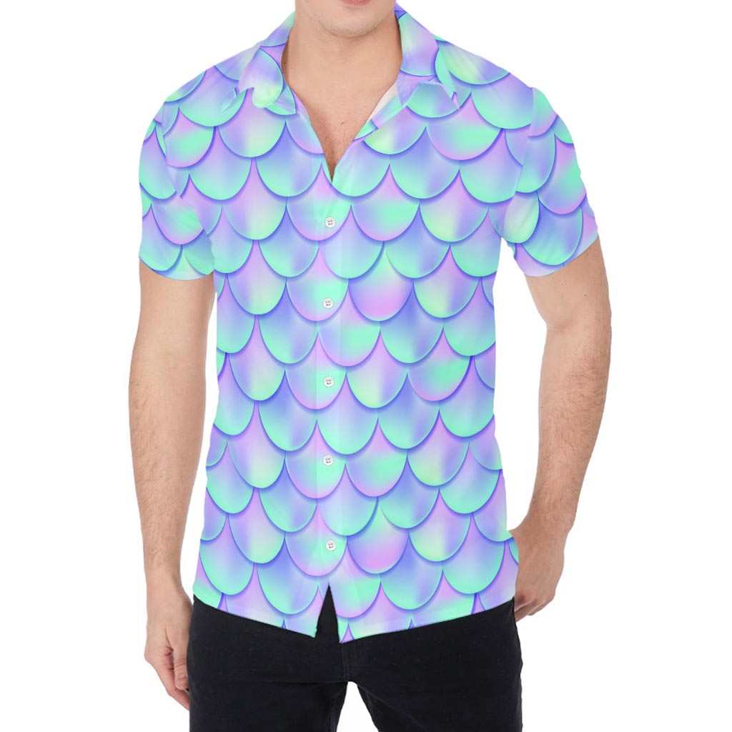 Blue Mermaid Scales Pattern Print Men's Shirt
