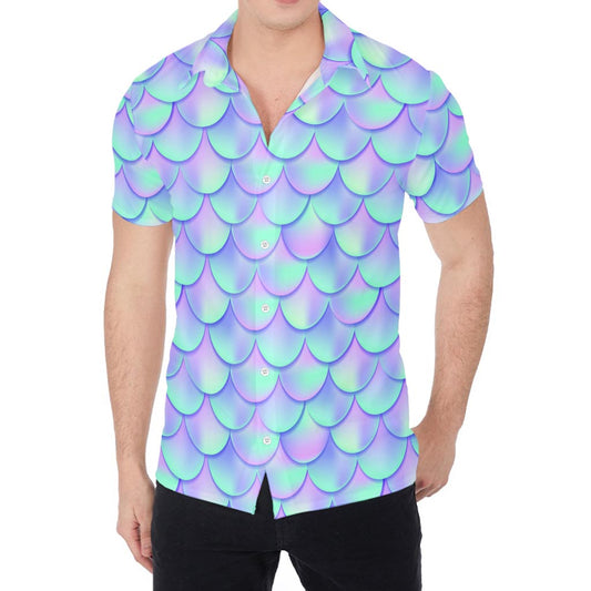 Blue Mermaid Scales Pattern Print Men's Shirt