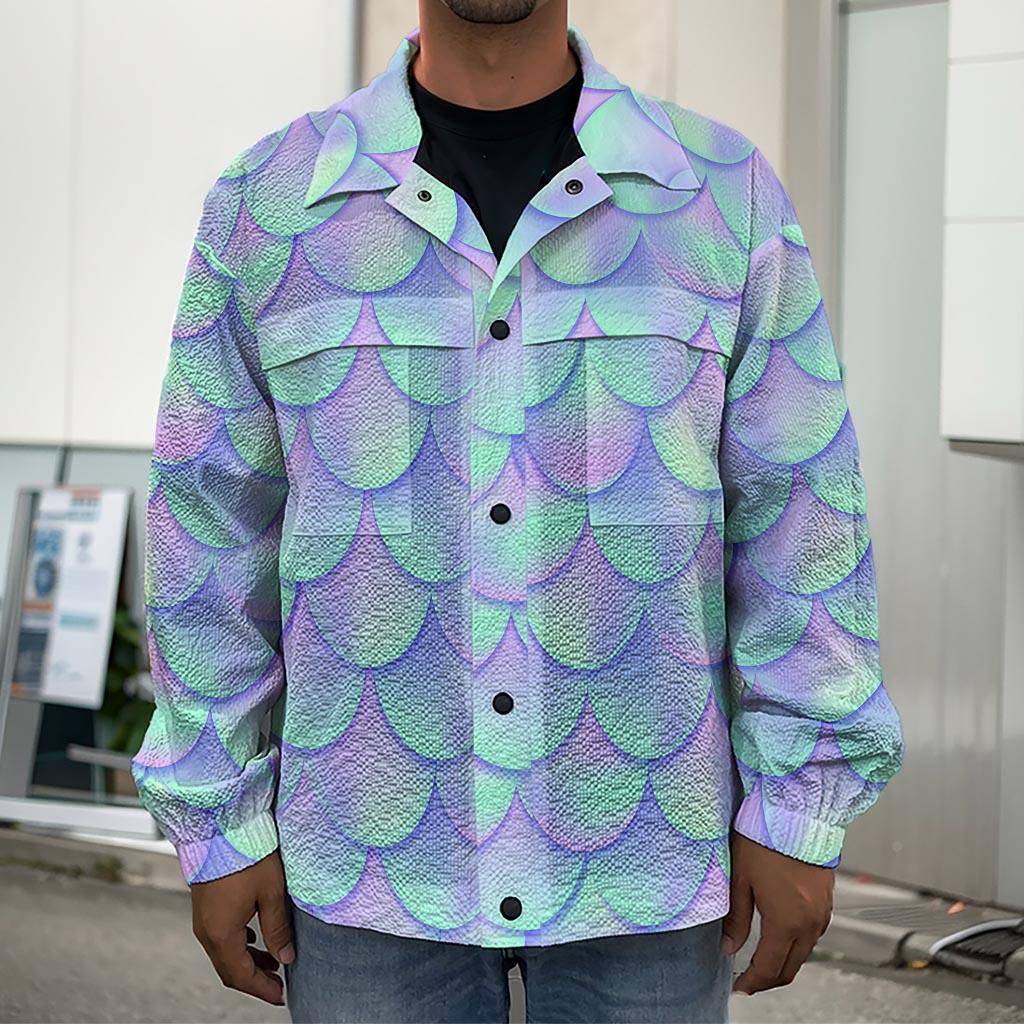 Blue Mermaid Scales Pattern Print Men's Shirt Jacket