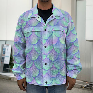 Blue Mermaid Scales Pattern Print Men's Shirt Jacket