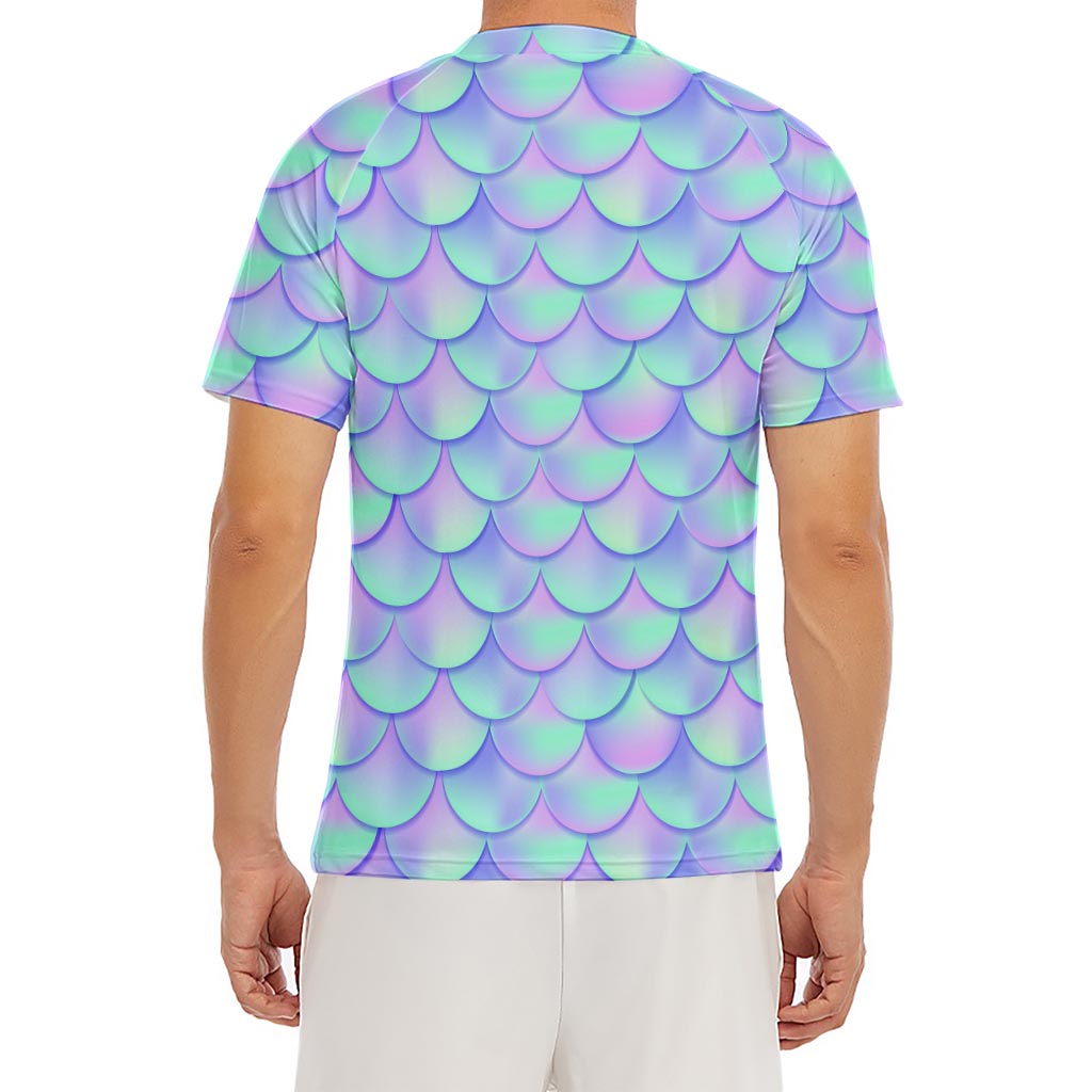 Blue Mermaid Scales Pattern Print Men's Short Sleeve Rash Guard