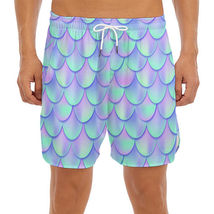 Blue Mermaid Scales Pattern Print Men's Split Running Shorts