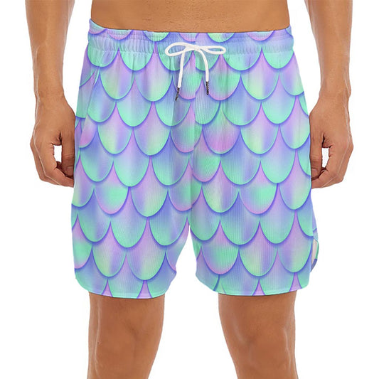 Blue Mermaid Scales Pattern Print Men's Split Running Shorts