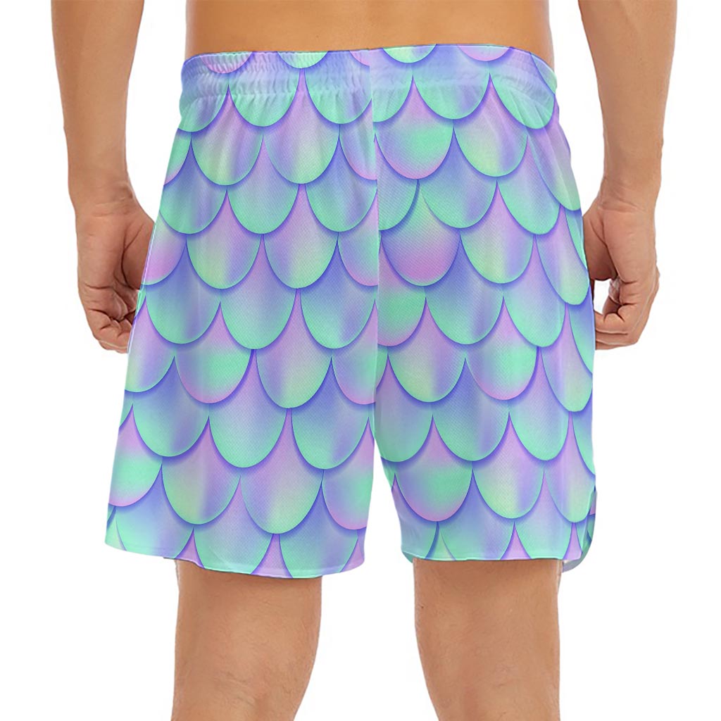 Blue Mermaid Scales Pattern Print Men's Split Running Shorts