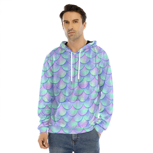 Blue Mermaid Scales Pattern Print Men's Velvet Pullover Hoodie